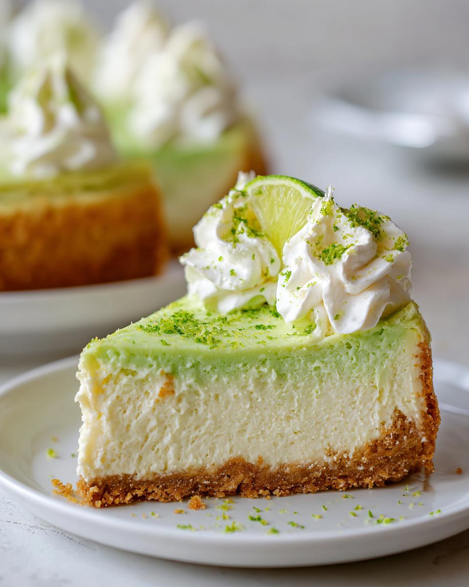 A perfect slice of key lime cheesecake on a white plate, topped with whipped cream, lime zest, and a lime wedge.