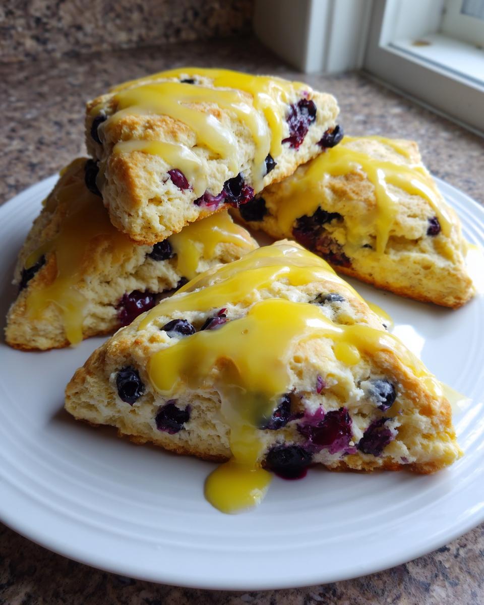 Close-up of four triangular lemon blueberry scones stacked on a white plate, drizzled heavily with bright yellow lemon glaze.