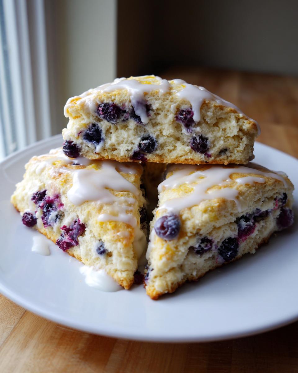 Three freshly baked lemon blueberry scones stacked on a white plate, drizzled with white lemon glaze.