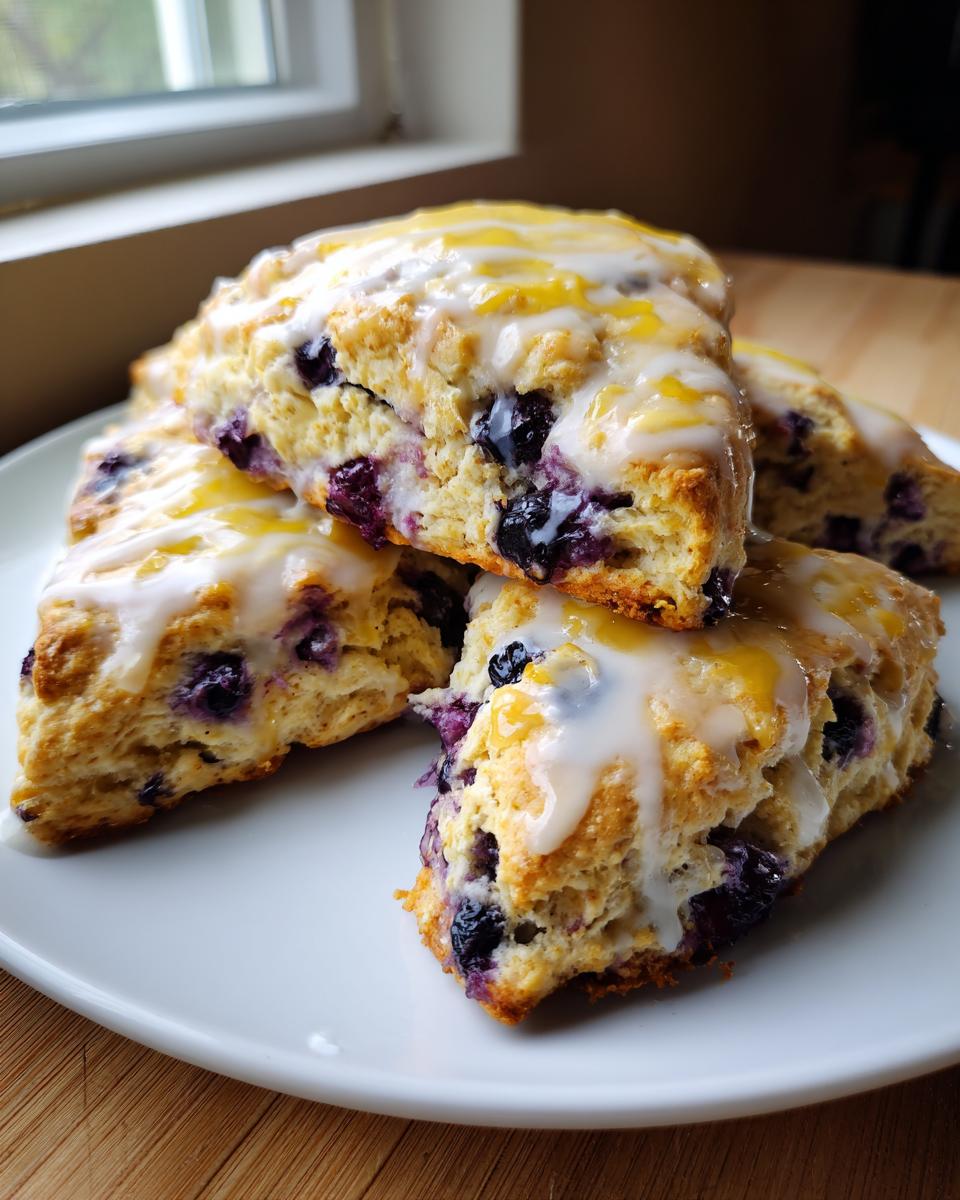 A stack of freshly baked lemon blueberry scones topped with white glaze and a drizzle of lemon syrup.
