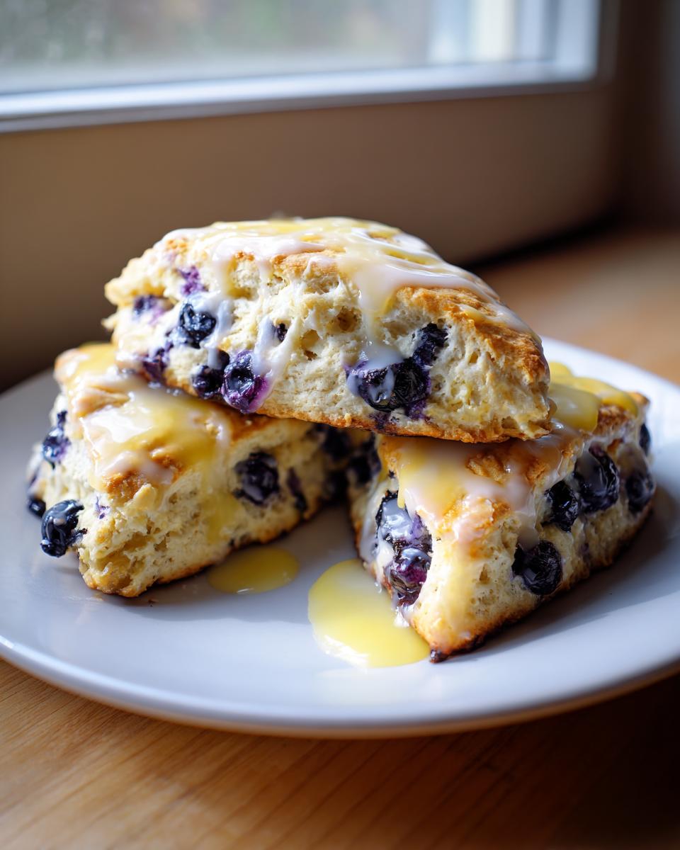 Three delicious lemon blueberry scones stacked on a white plate, drizzled generously with lemon glaze.
