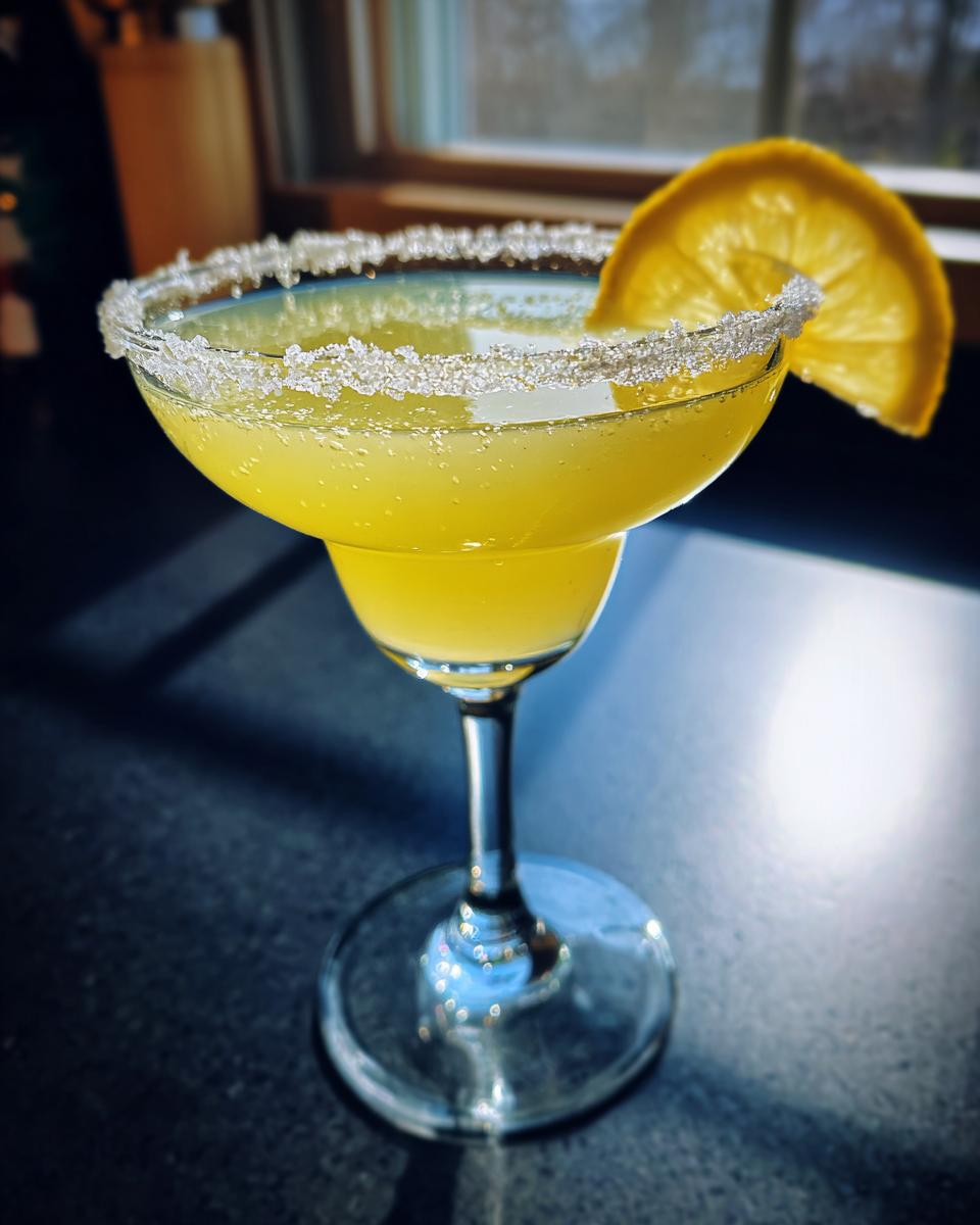A bright yellow lemon drop martini in a coupe glass with a thick sugar rim and lemon slice garnish.