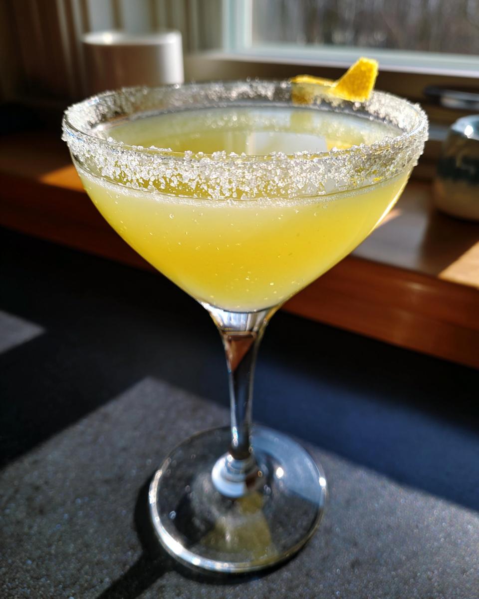 A bright yellow lemon drop martini in a coupe glass with a sugar-rim and lemon twist garnish.
