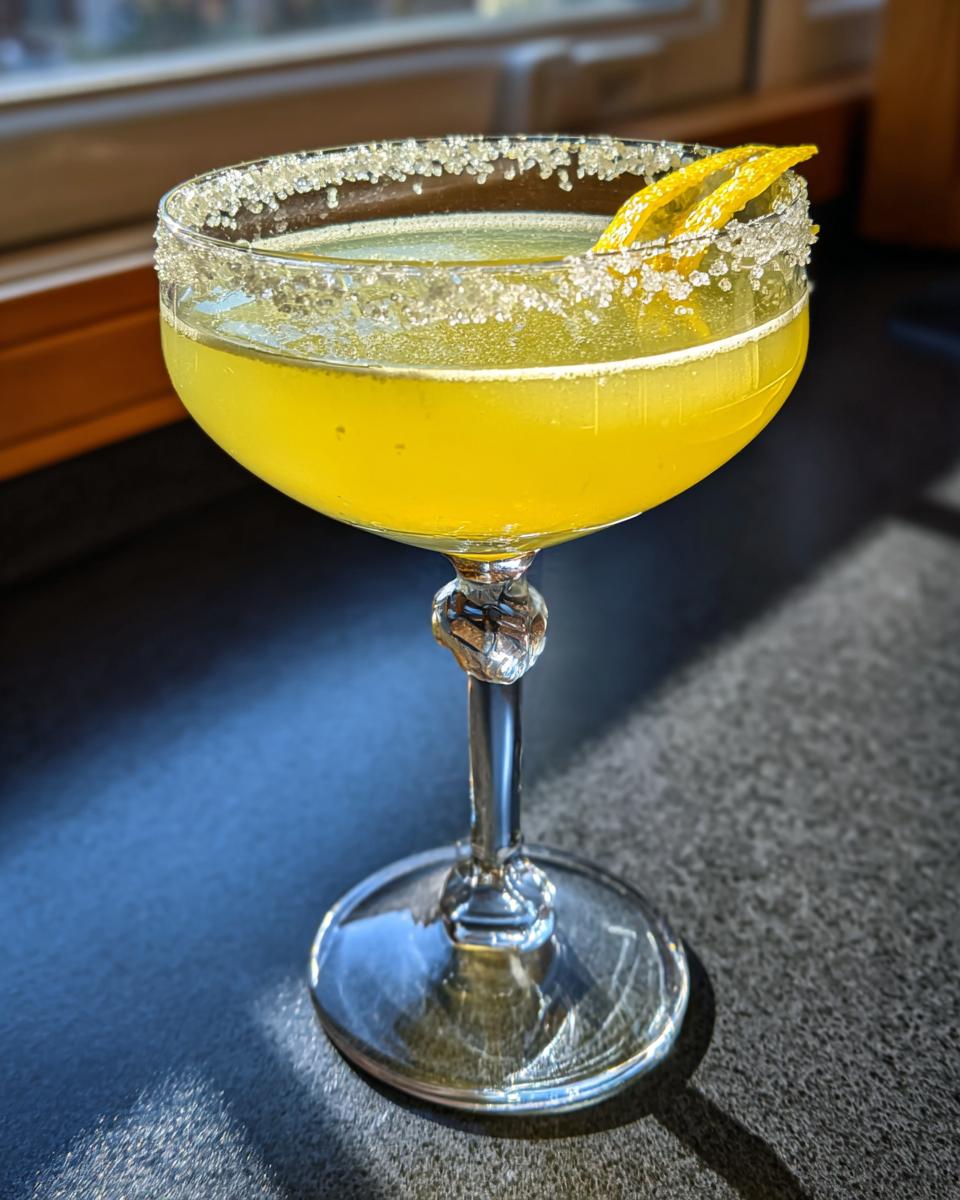 A bright yellow lemon drop martini served in a coupe glass with a thick sugar rim and lemon twist garnish.