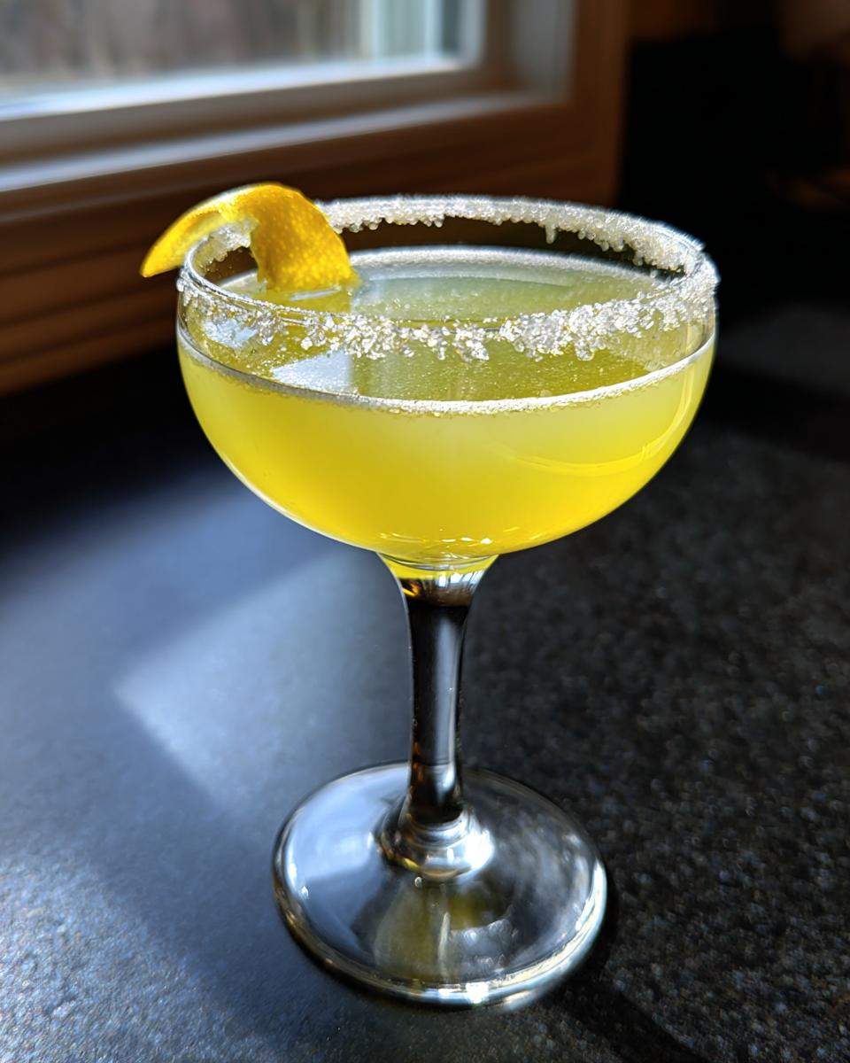 A bright yellow lemon drop martini in a coupe glass with a heavily sugared rim and lemon twist garnish.