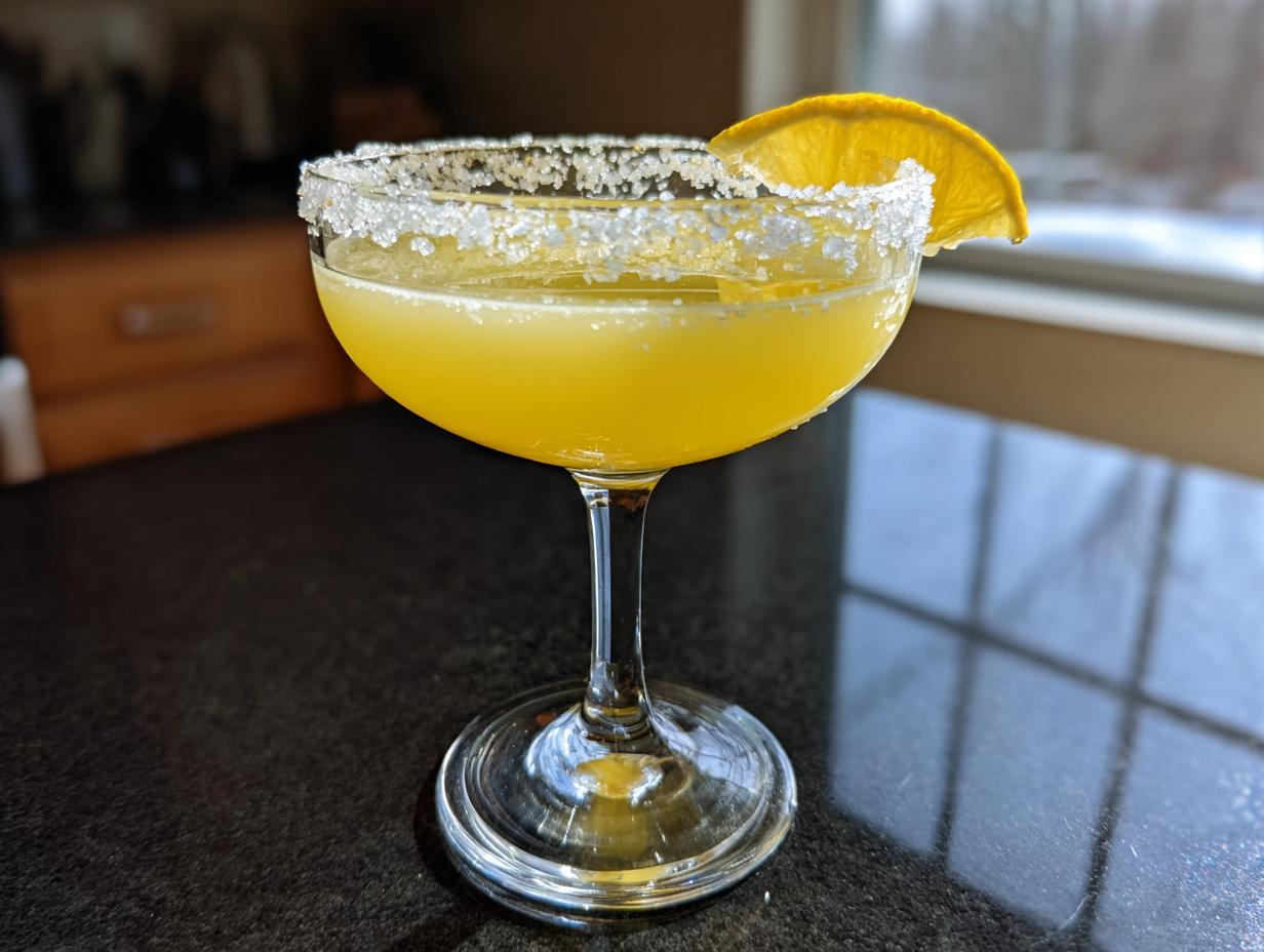A bright yellow lemon drop martini in a coupe glass with a thick sugar rim and lemon wheel garnish.