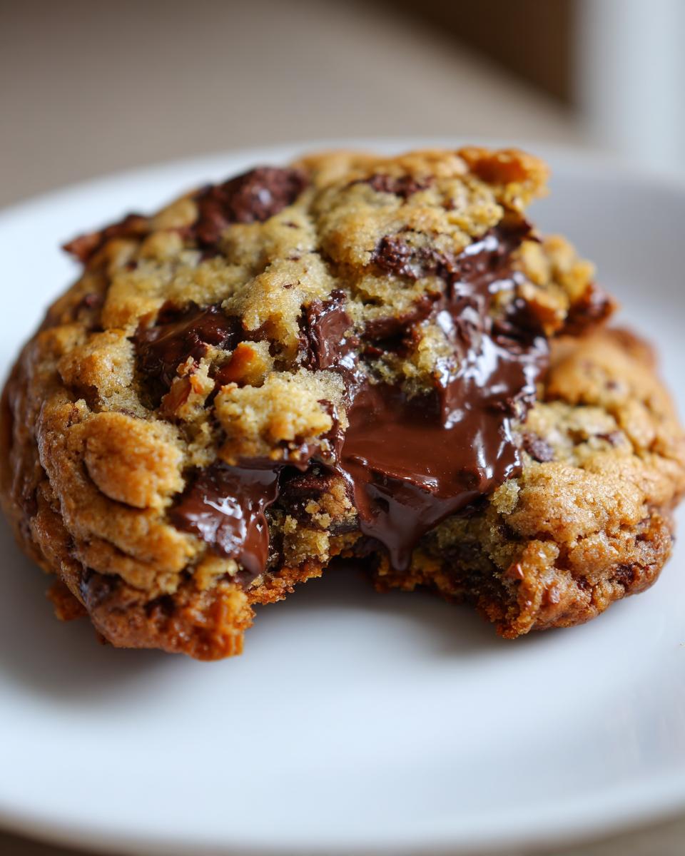 Close-up of a thick levain bakery chocolate chip cookie with a bite taken out, revealing gooey, melted chocolate.