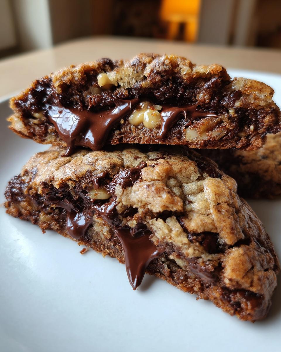 Close-up of a levain bakery chocolate chip cookie cut in half showing melted chocolate and walnuts inside.