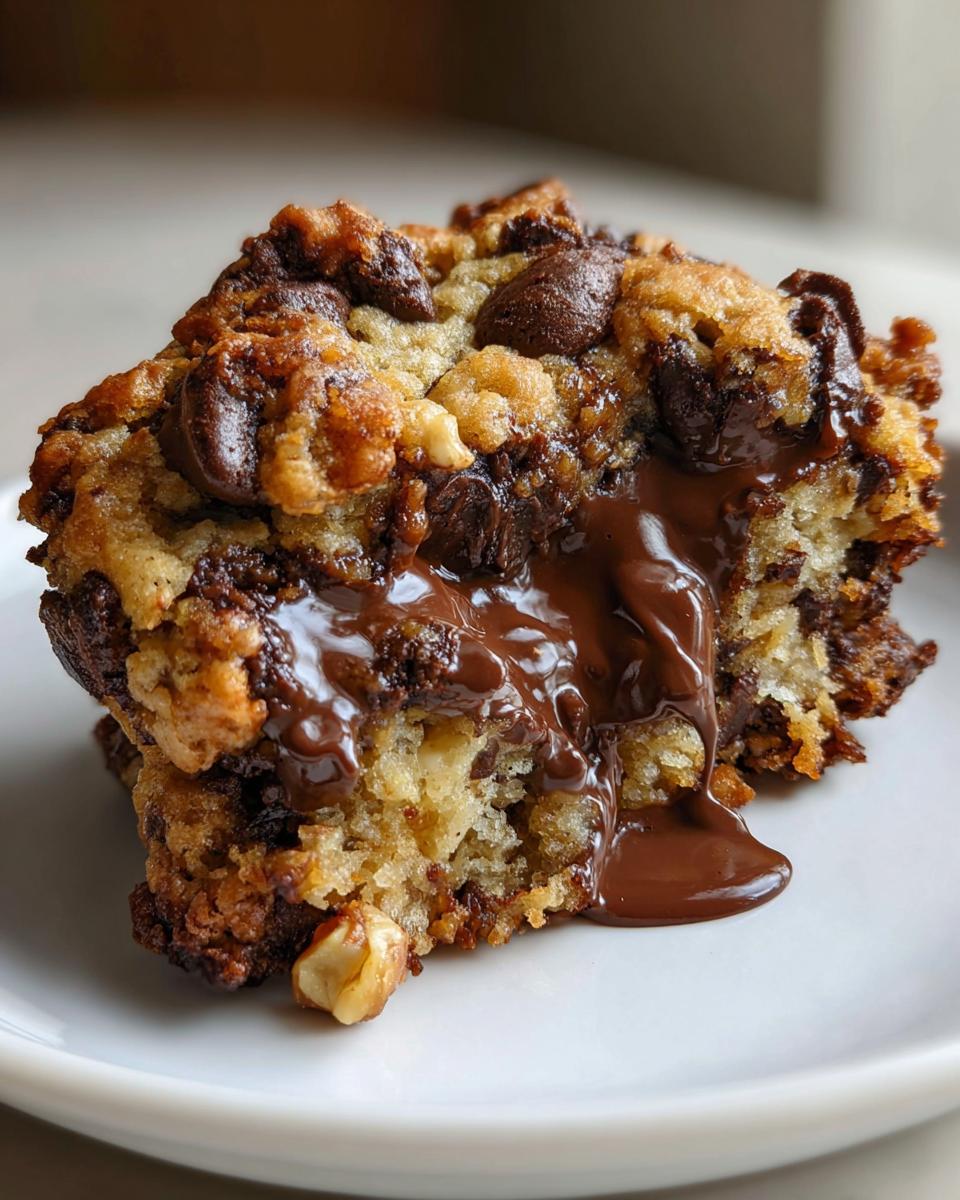 Close-up of a thick levain bakery chocolate chip cookie piece with gooey, melted chocolate oozing out.