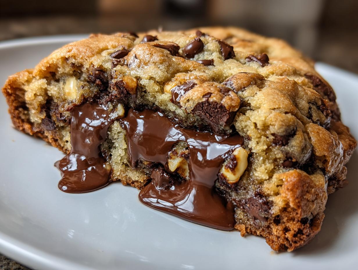 Close-up of a thick levain bakery chocolate chip cookie cut in half, revealing a gooey, melted chocolate center.
