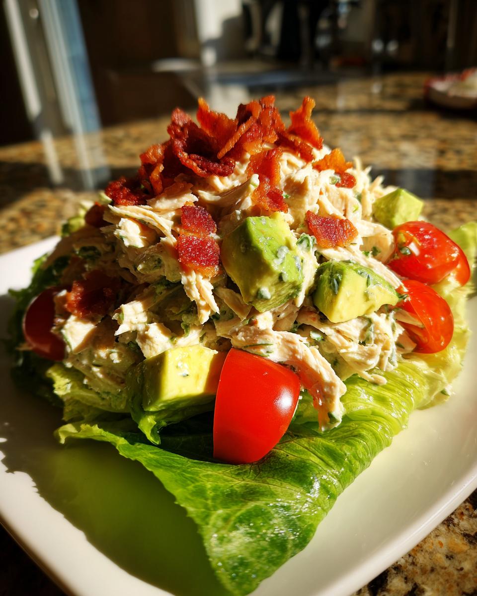 A mound of creamy blt chicken salad topped with crispy bacon and avocado chunks, served on lettuce leaves.