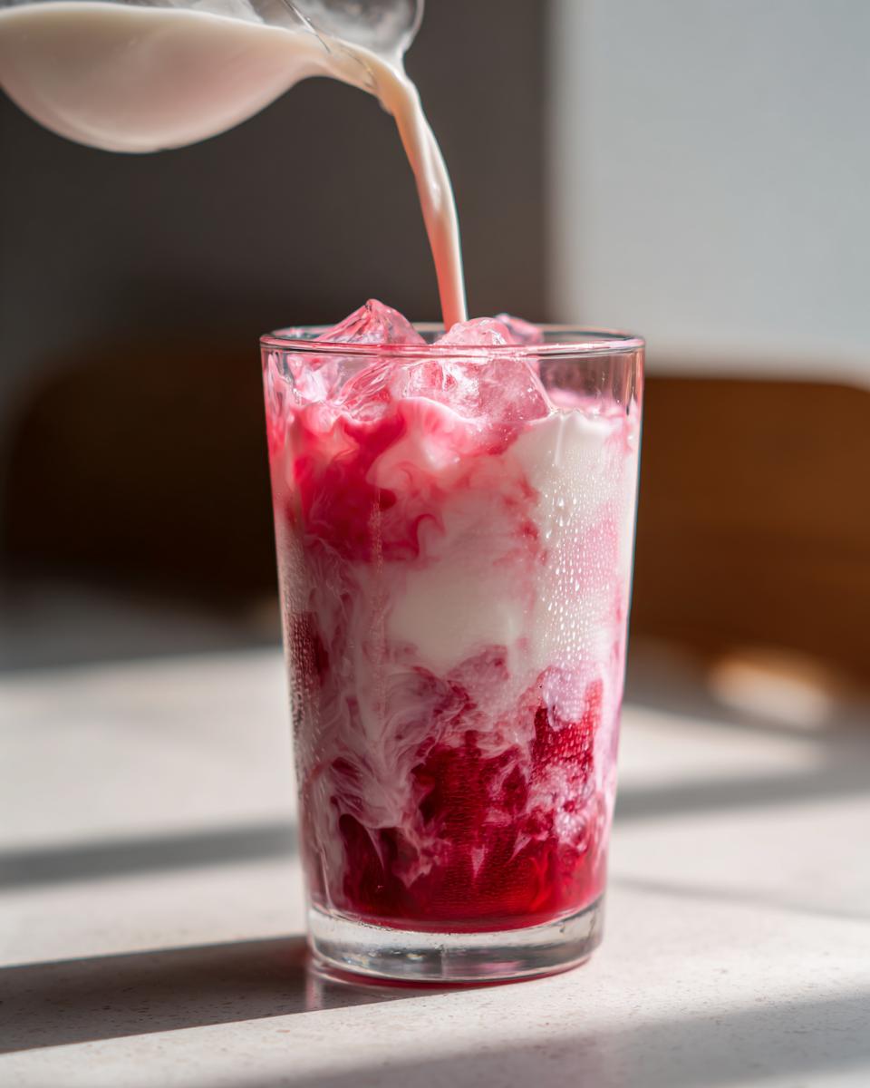 Milk being poured over ice and bright red syrup to create strawberry milk in a tall glass.