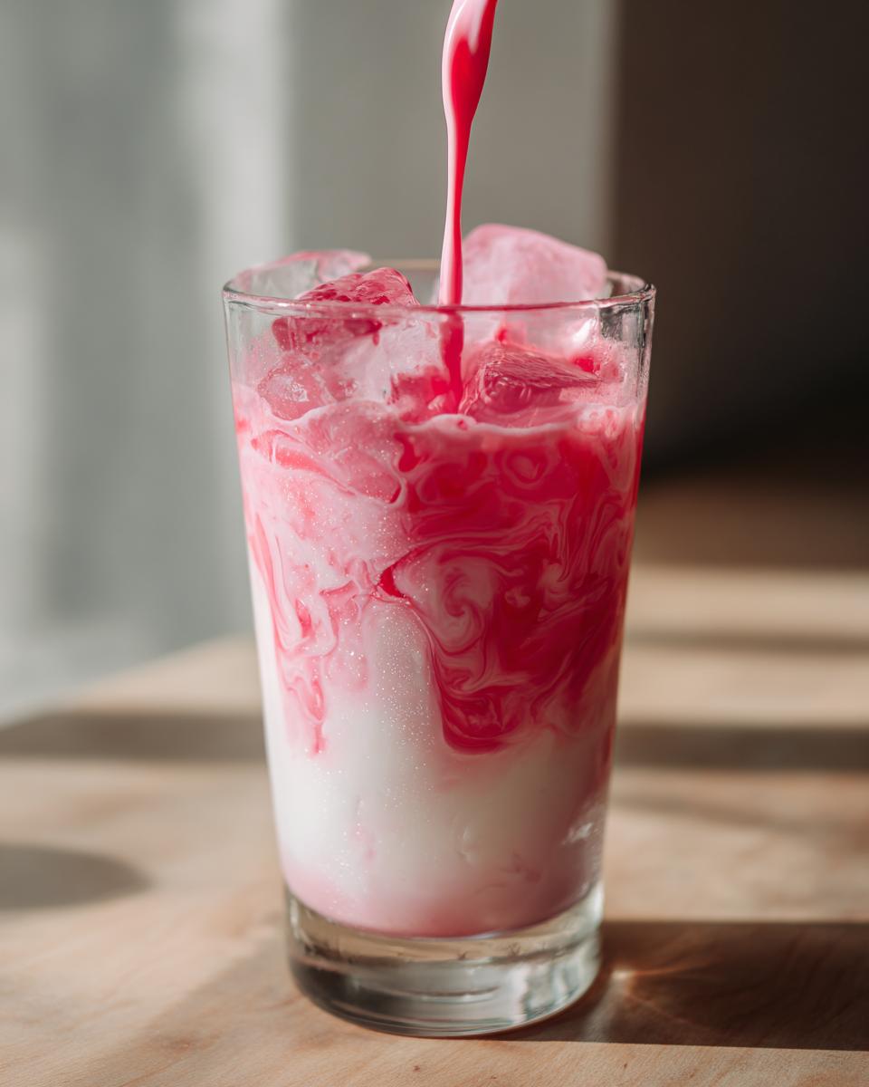 Bright pink syrup being poured into a glass of milk and ice cubes to make strawberry milk.