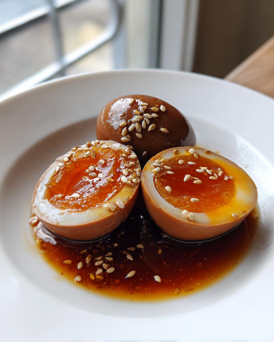 Three marinated eggs, two halved to show jammy yolks, sitting in dark marinade and topped with sesame seeds.