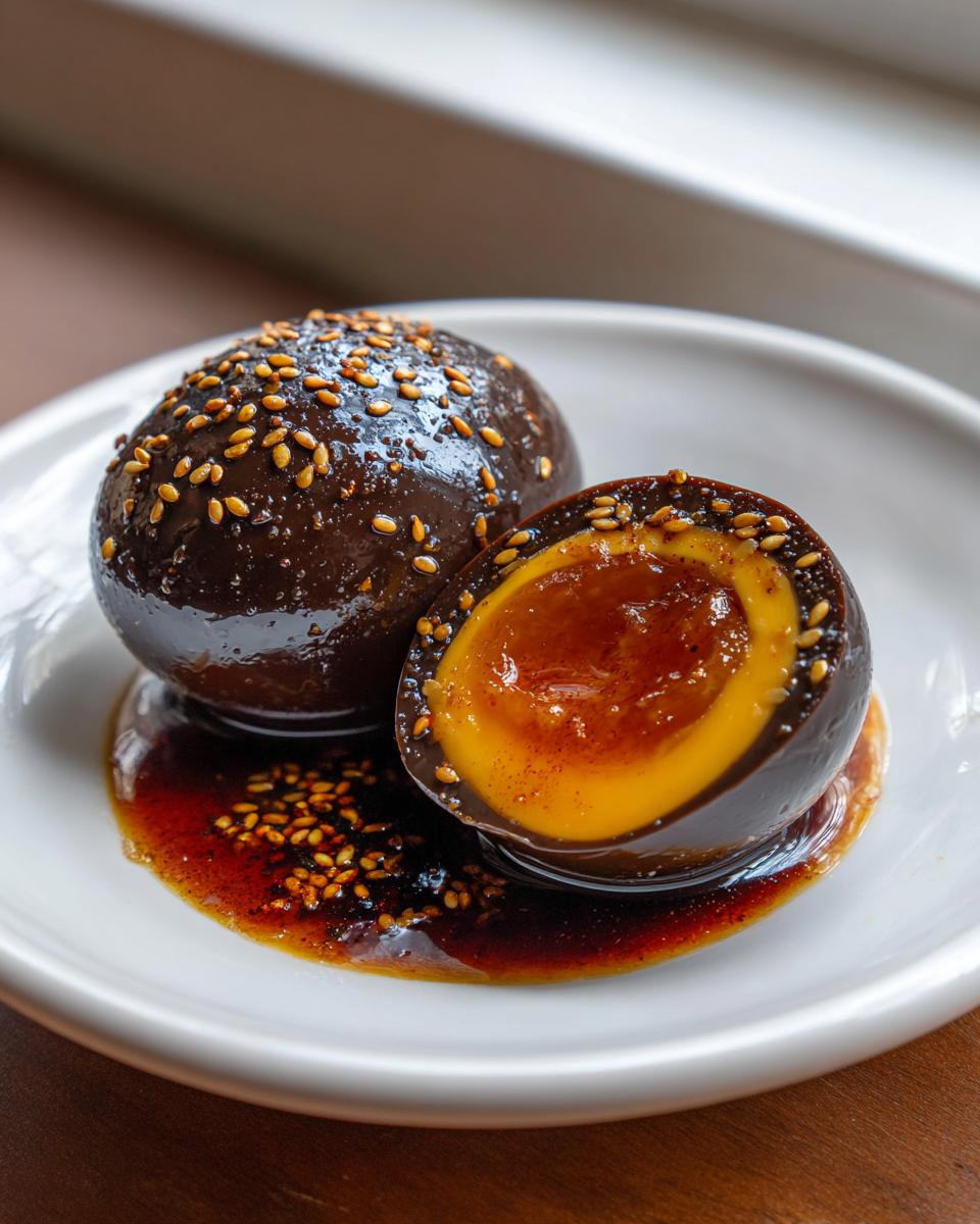 Close-up of two dark, glossy marinated eggs, one halved to show the jammy yolk, served in soy sauce marinade with sesame seeds.