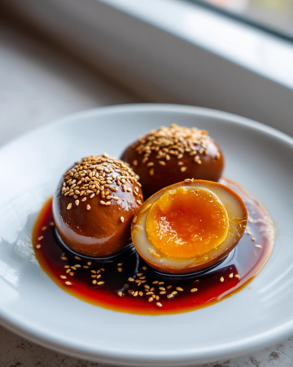 Close-up of three glossy marinated eggs, one cut in half showing a jammy yolk, served in soy sauce and topped with sesame seeds.