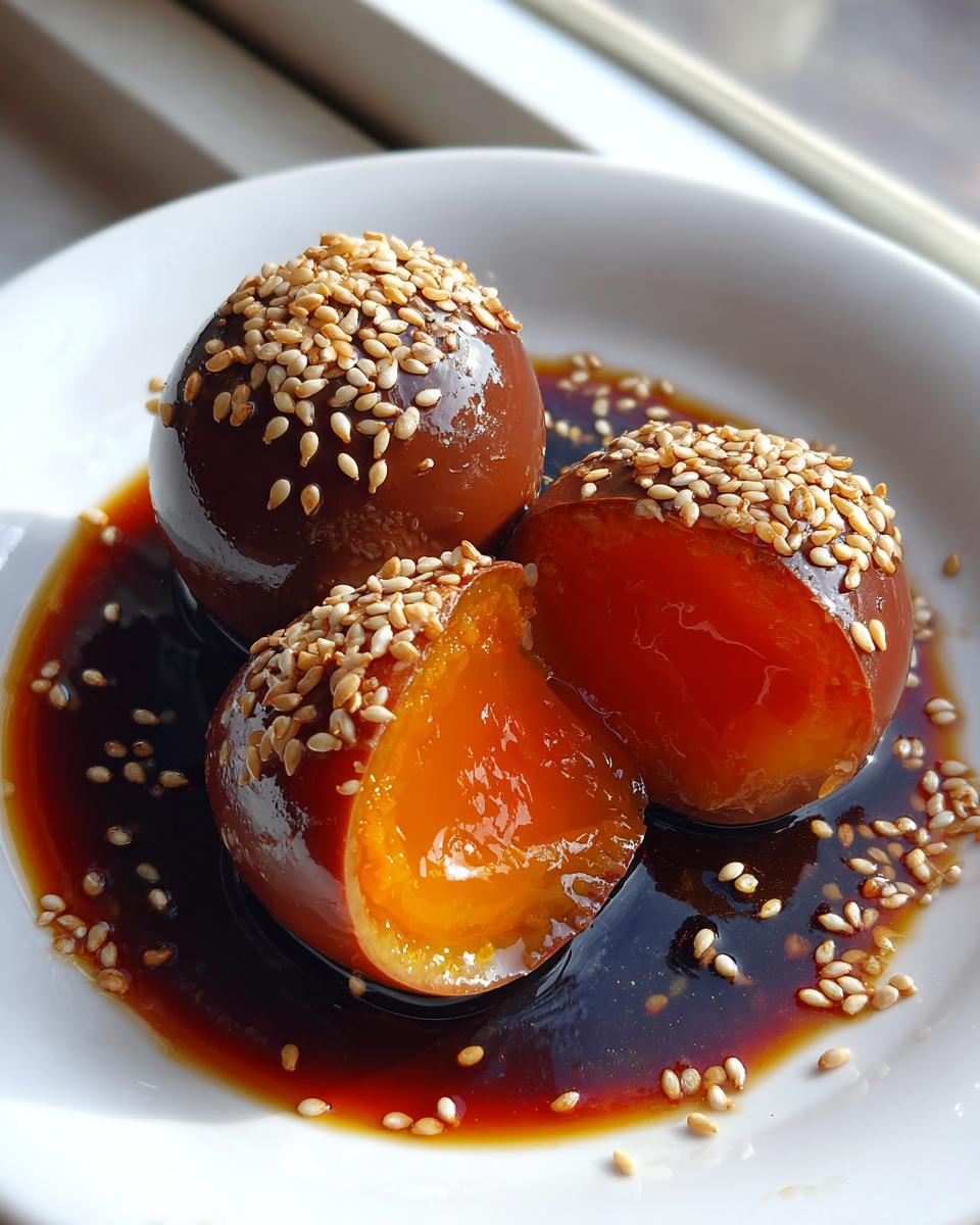 Close-up of three glossy, brown marinated eggs, one cut open showing a jammy yolk, topped with sesame seeds.