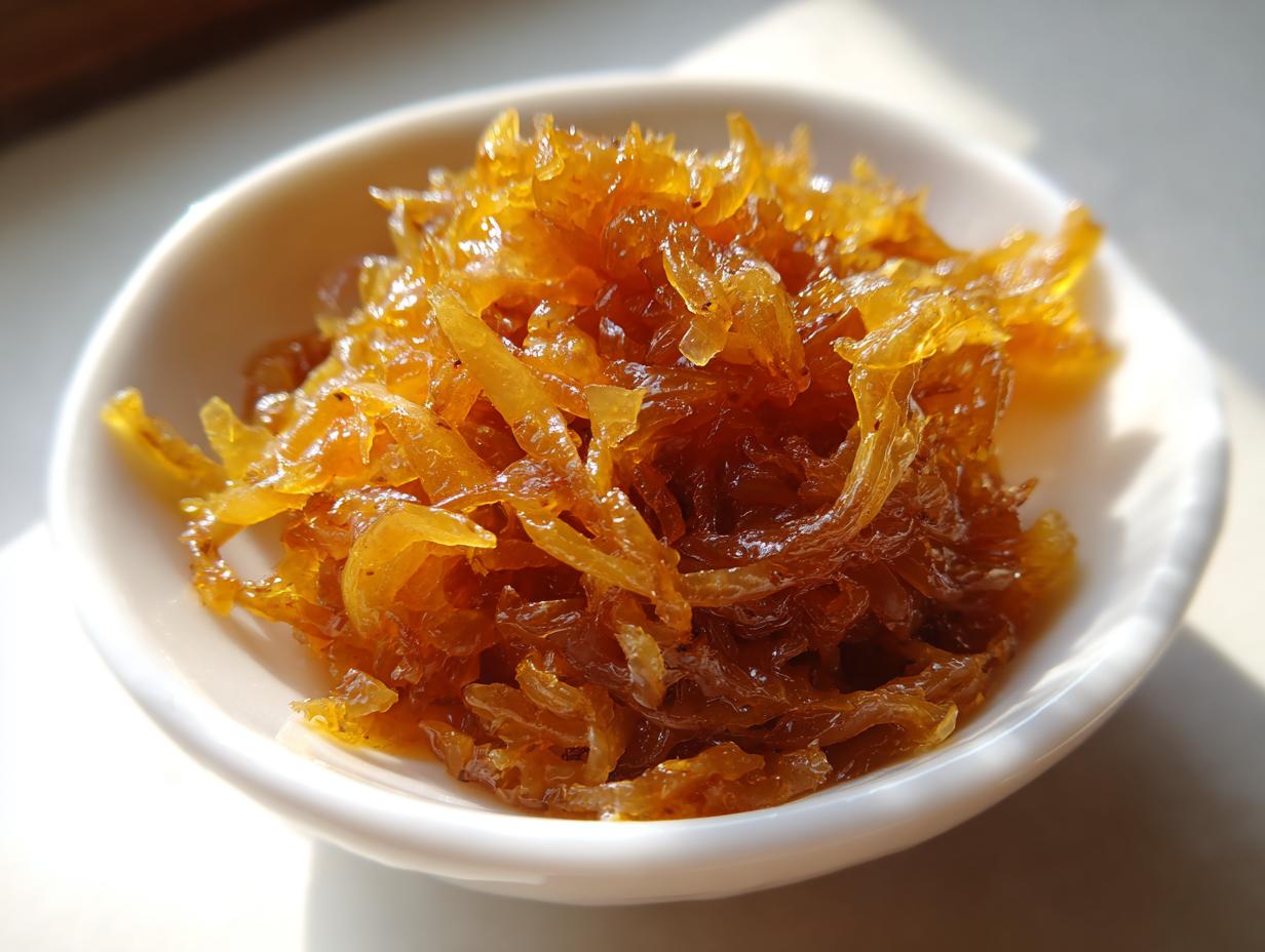 Close-up of deeply golden and sweet caramelized onions piled high in a small white serving bowl.
