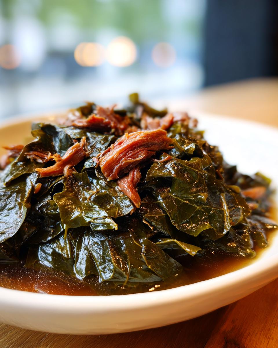 Close-up of tender, slow-cooked collard greens served in a white bowl with savory shredded meat on top.