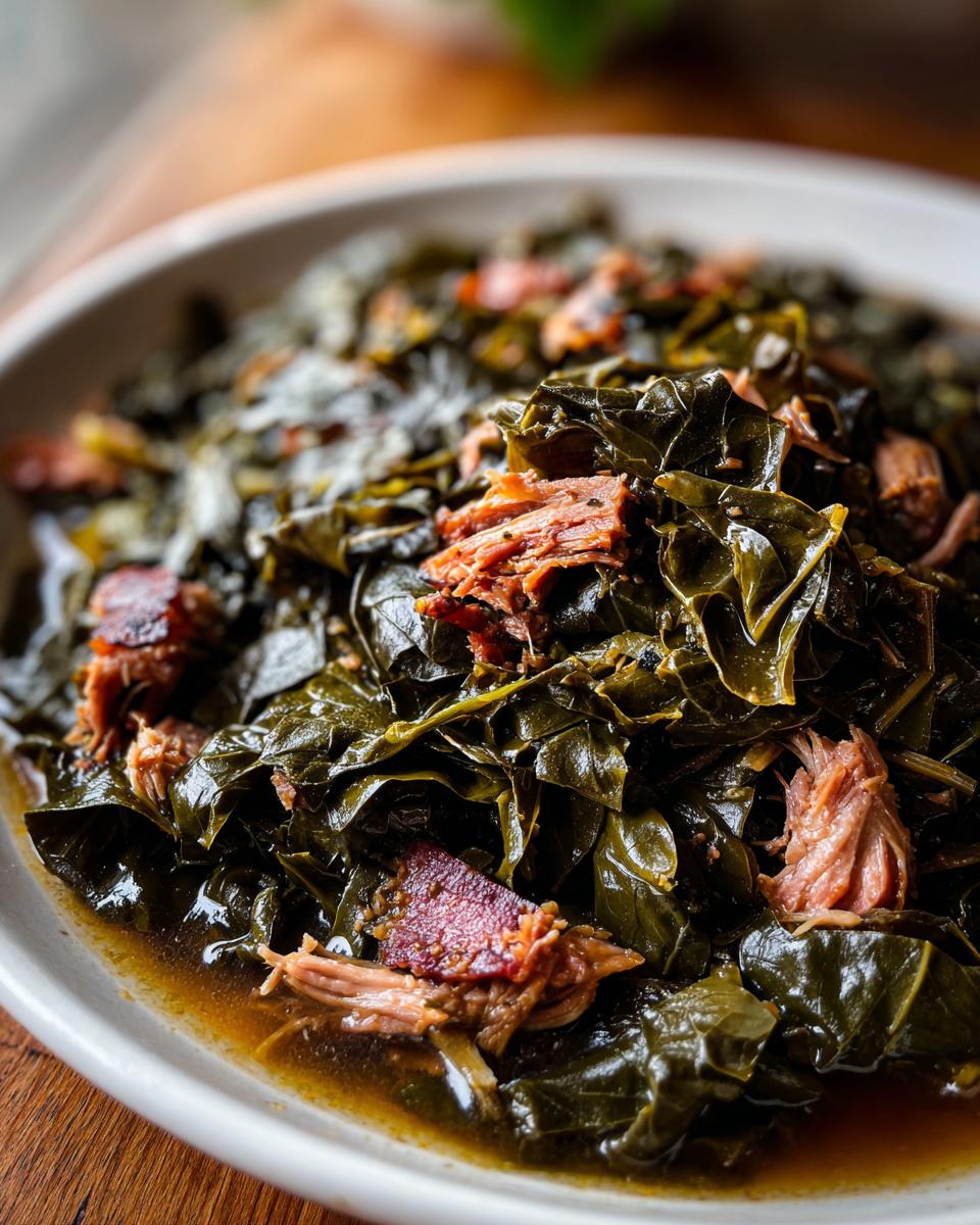 Close-up of tender, slow-cooked collard greens served in a rich broth with pieces of smoked pork.