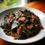 A close-up of tender, dark green collard greens served in a white bowl with shredded smoked ham or pork.
