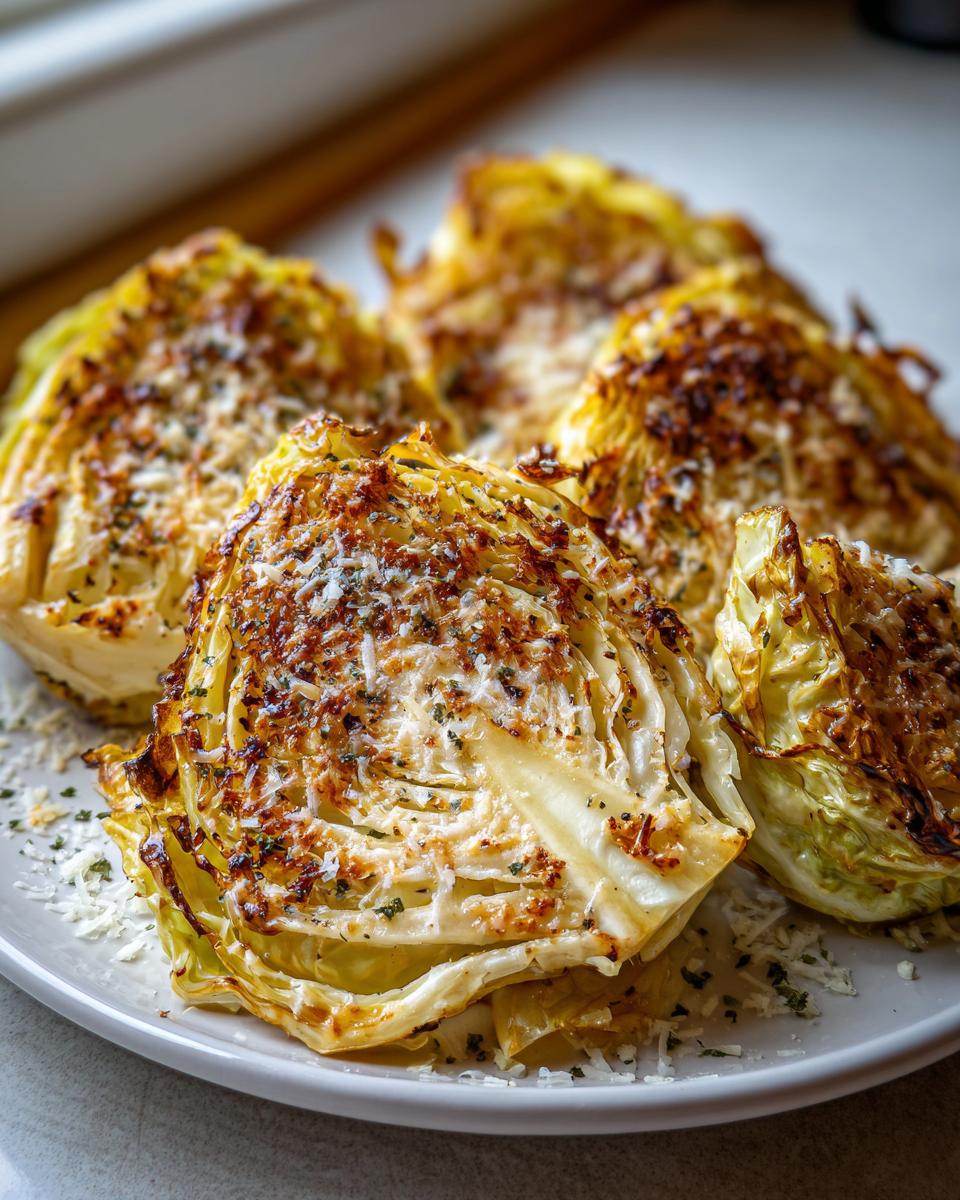 Close-up of roasted cabbage recipe wedges topped with melted, browned cheese and herbs on a white plate.