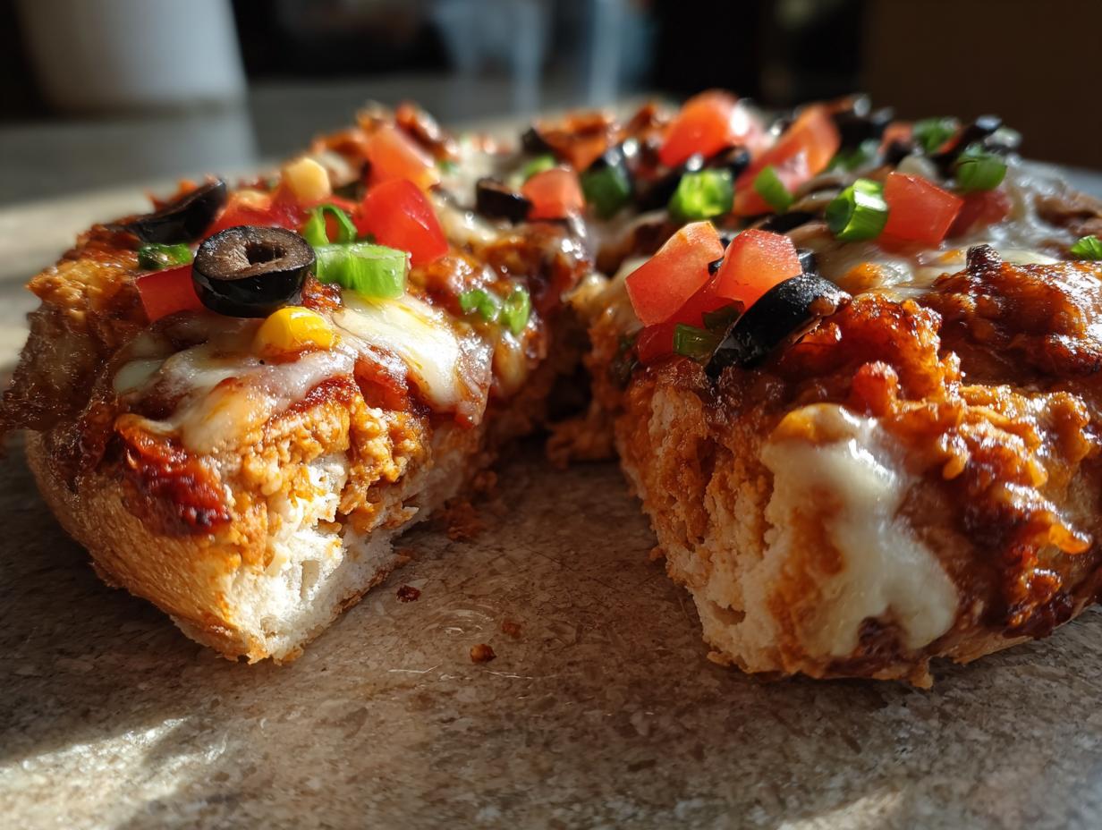 A close-up, low-angle shot of a slice of Mexican pizza topped with melted cheese, tomatoes, olives, and green onions.