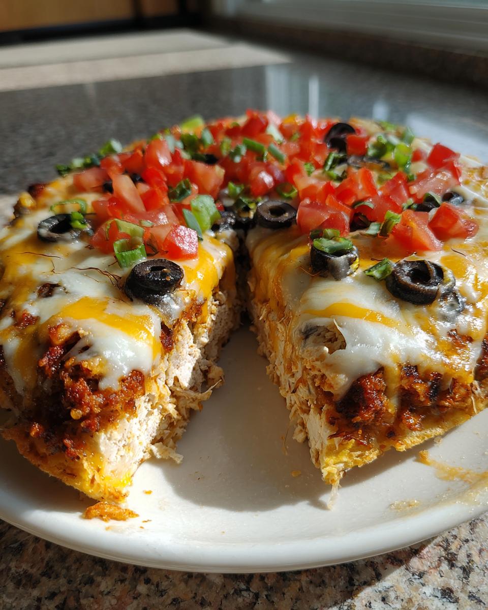 A close-up, cross-section view of a thick Mexican pizza topped with melted cheese, tomatoes, olives, and green onions.