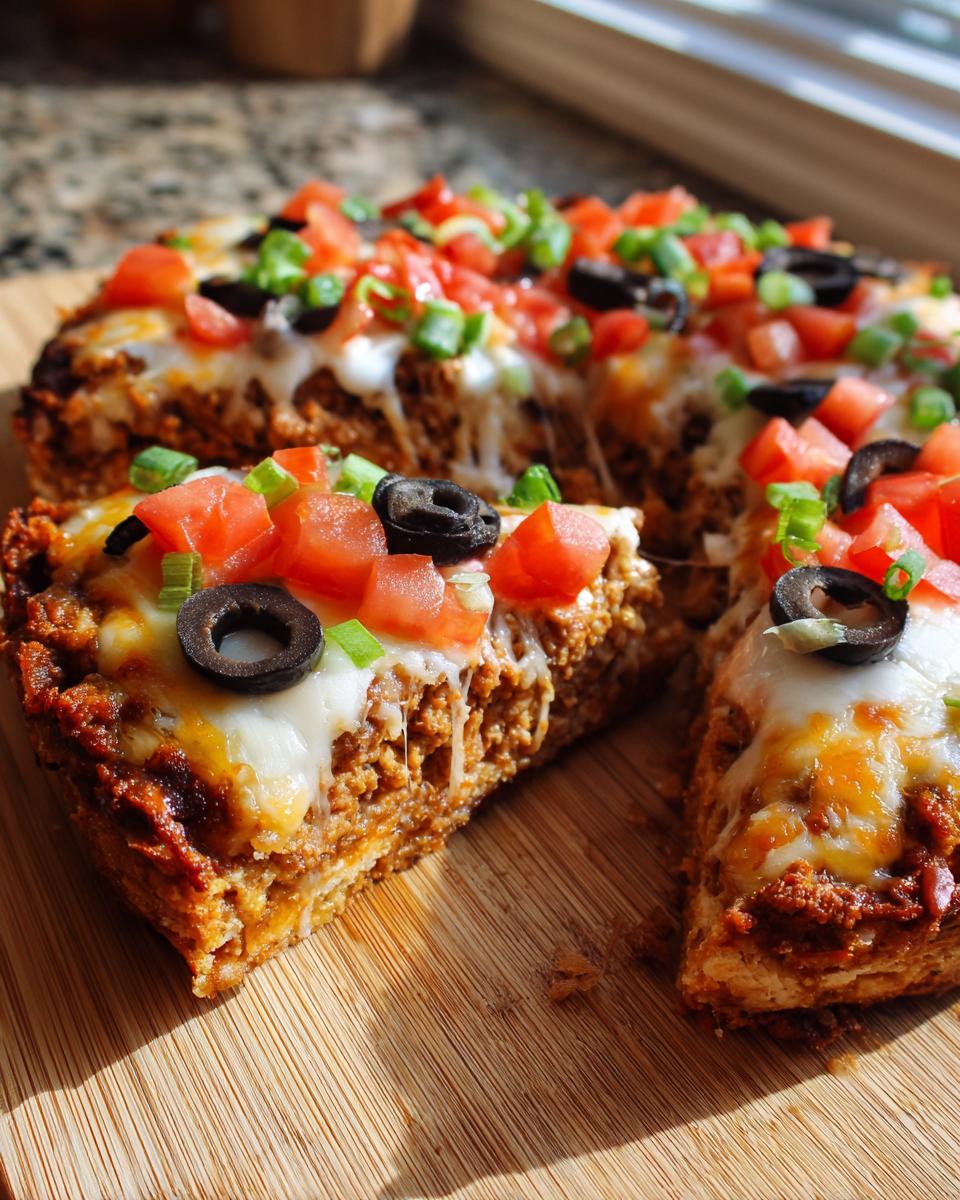 Close-up of a thick slice of Mexican pizza topped with melted cheese, diced tomatoes, black olives, and green onions.