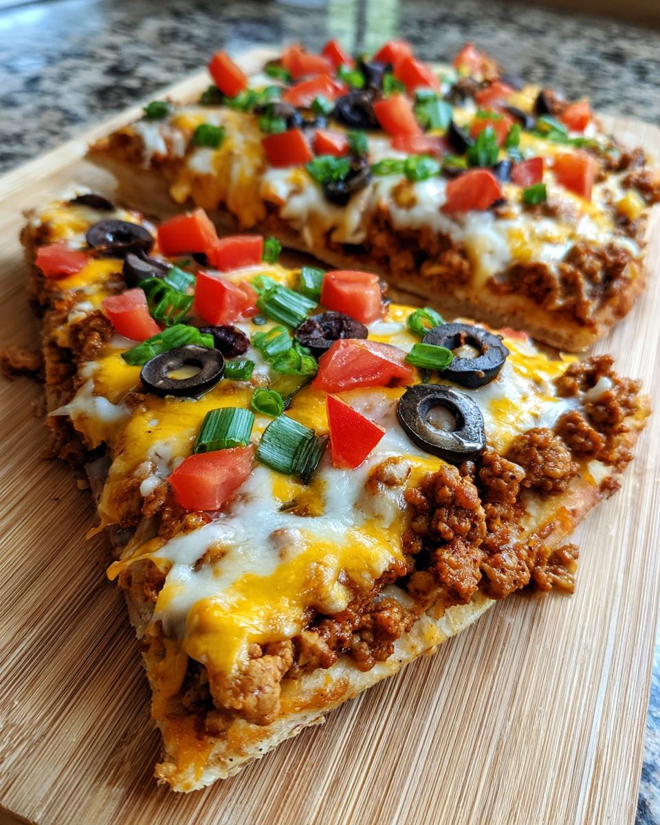 A close-up of two slices of Mexican pizza on a wooden cutting board, loaded with seasoned meat, melted cheese, tomatoes, olives, and green onions.