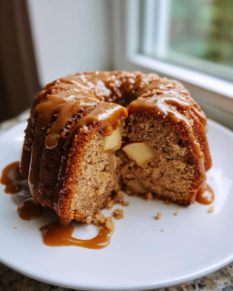 A slice cut from a moist apple bundt cake topped generously with caramel sauce, served on a white plate.
