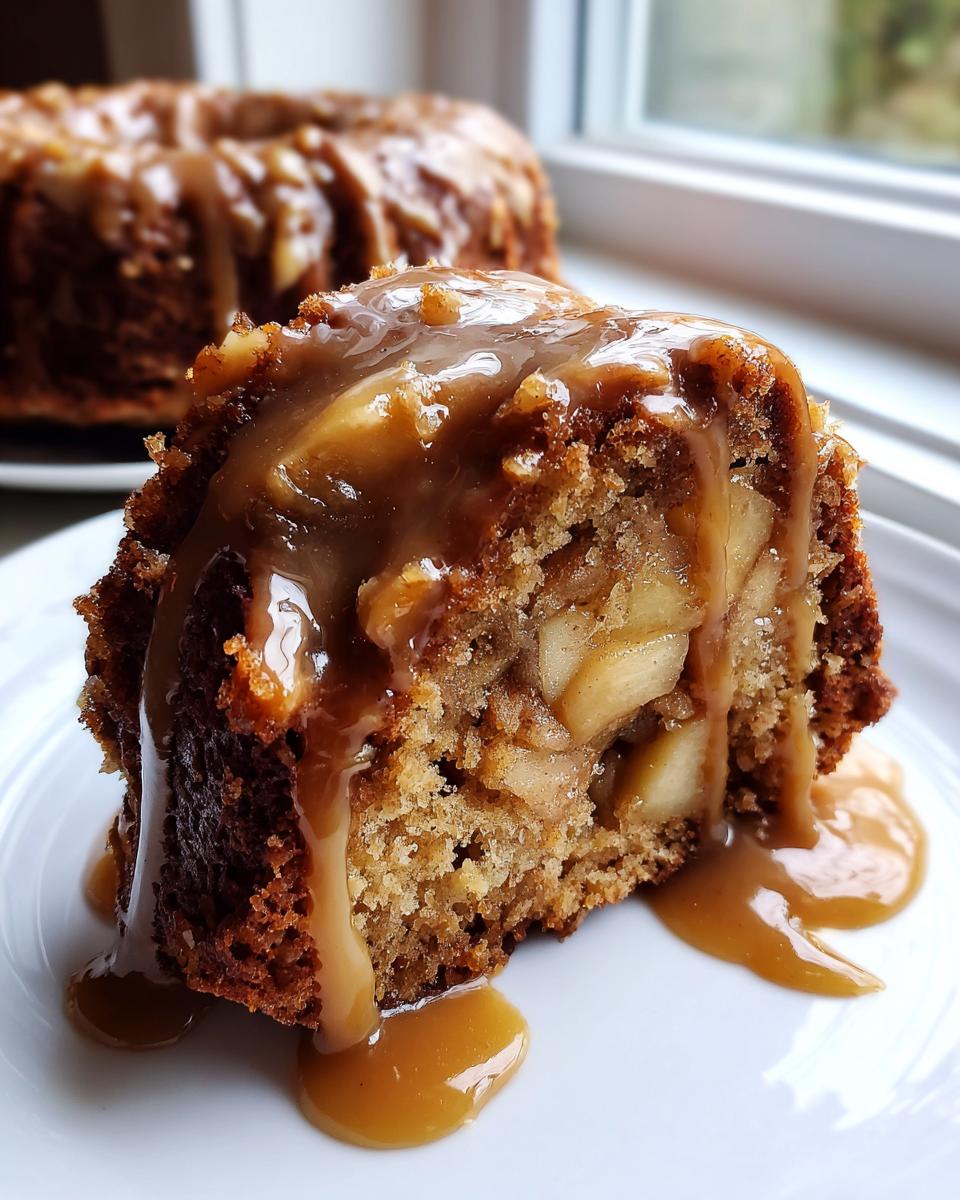 Close-up of a moist slice of apple bundt cake generously topped with dripping caramel sauce.