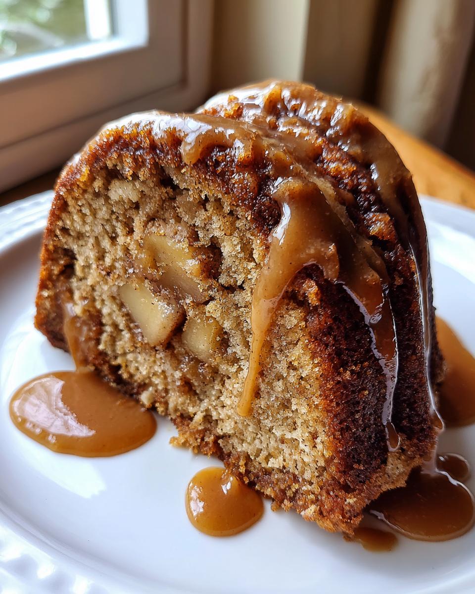 Close-up of a moist slice of apple bundt cake topped with rich caramel sauce dripping down the sides.