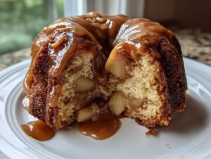 Close-up of a moist apple bundt cake slice, cut open to show apple chunks inside and covered in thick caramel sauce.