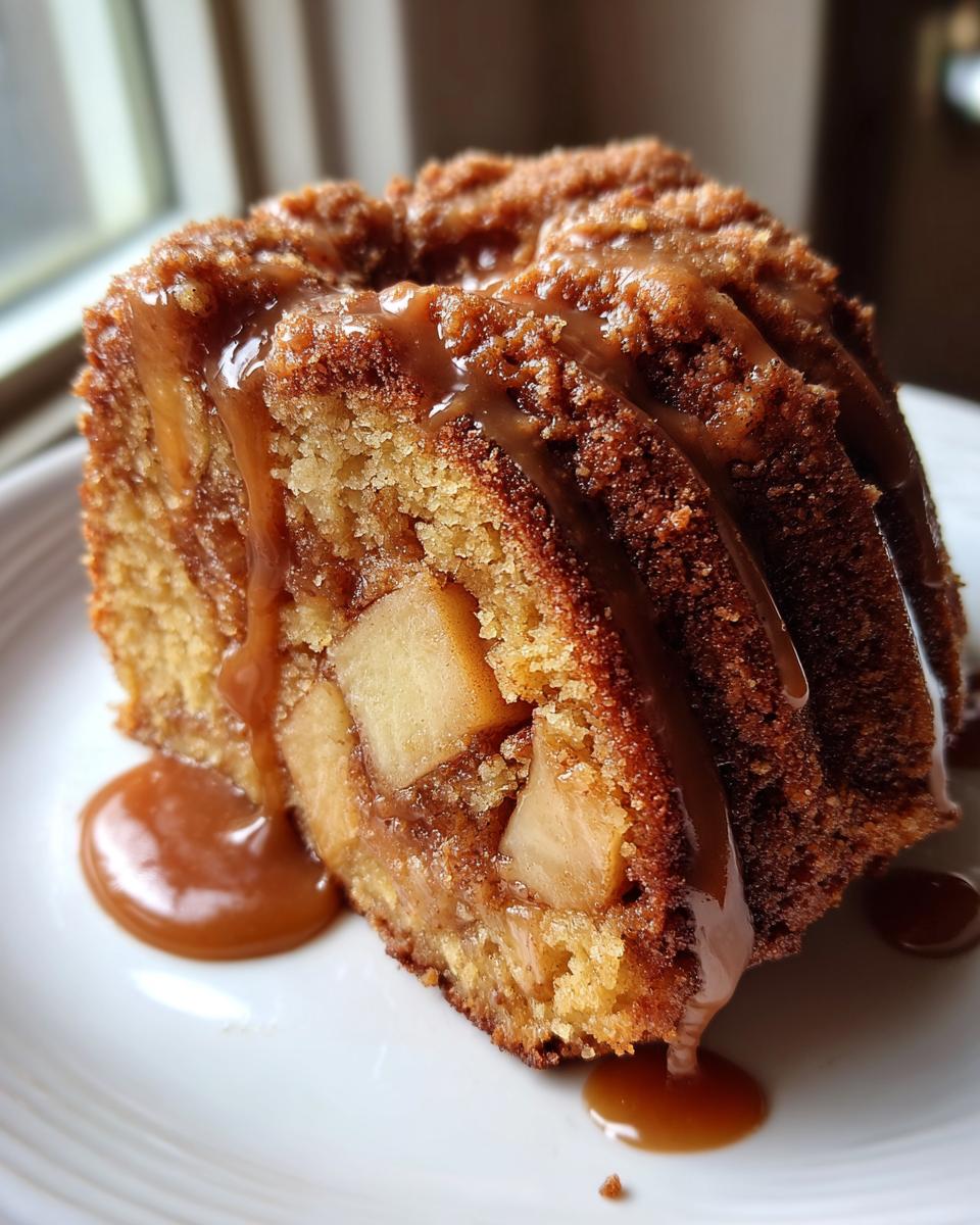 Close-up of a moist slice of apple bundt cake topped generously with thick caramel sauce.