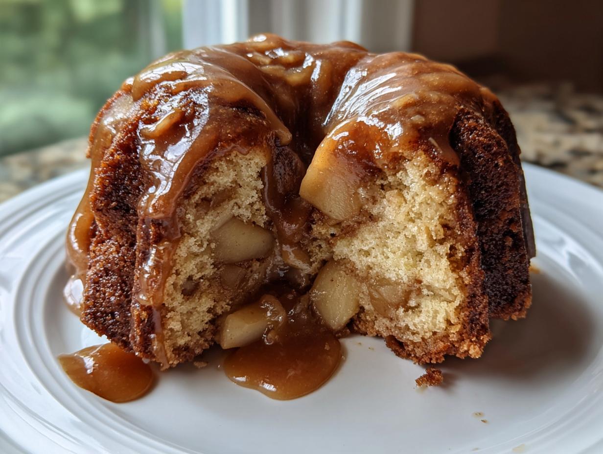 Close-up of a moist apple bundt cake slice, cut open to show apple chunks inside and covered in thick caramel sauce.