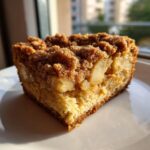 A close-up of a moist slice of apple crumb cake featuring tender apple chunks and a thick, brown sugar cinnamon crumb topping.