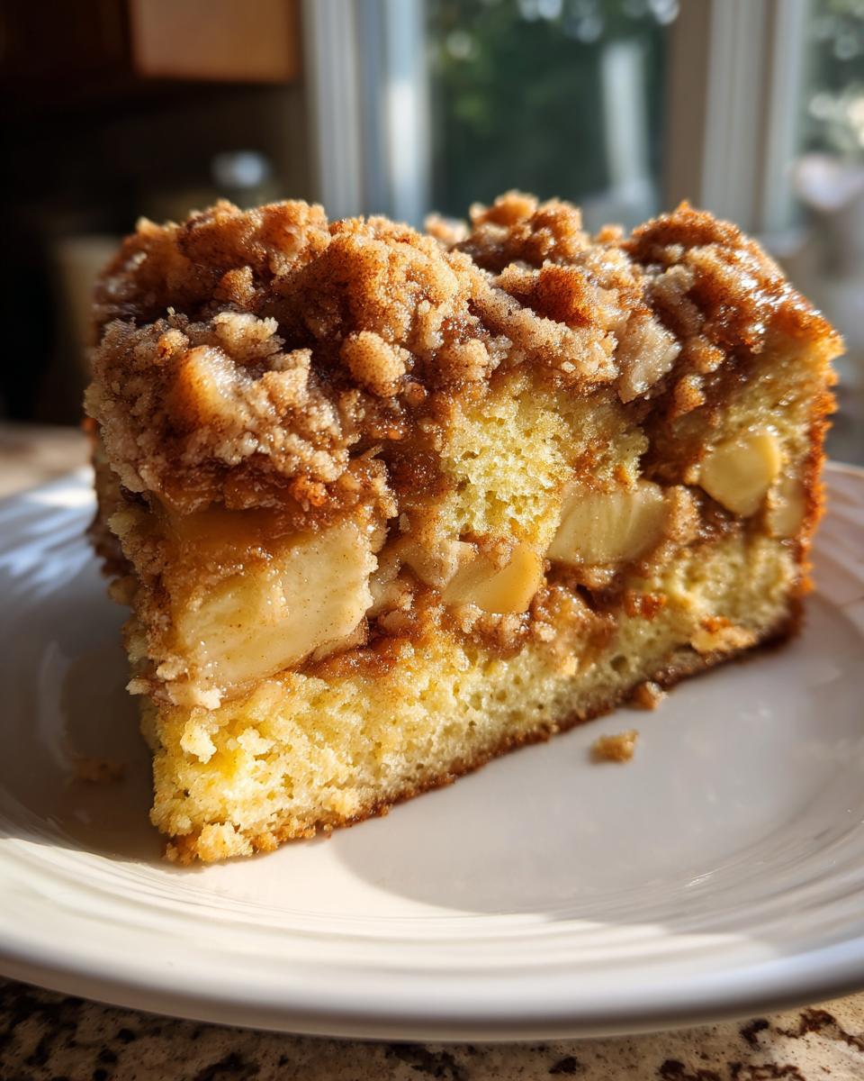 Close-up of a moist slice of apple crumb cake showing cake layers, baked apple chunks, and a thick cinnamon streusel topping.