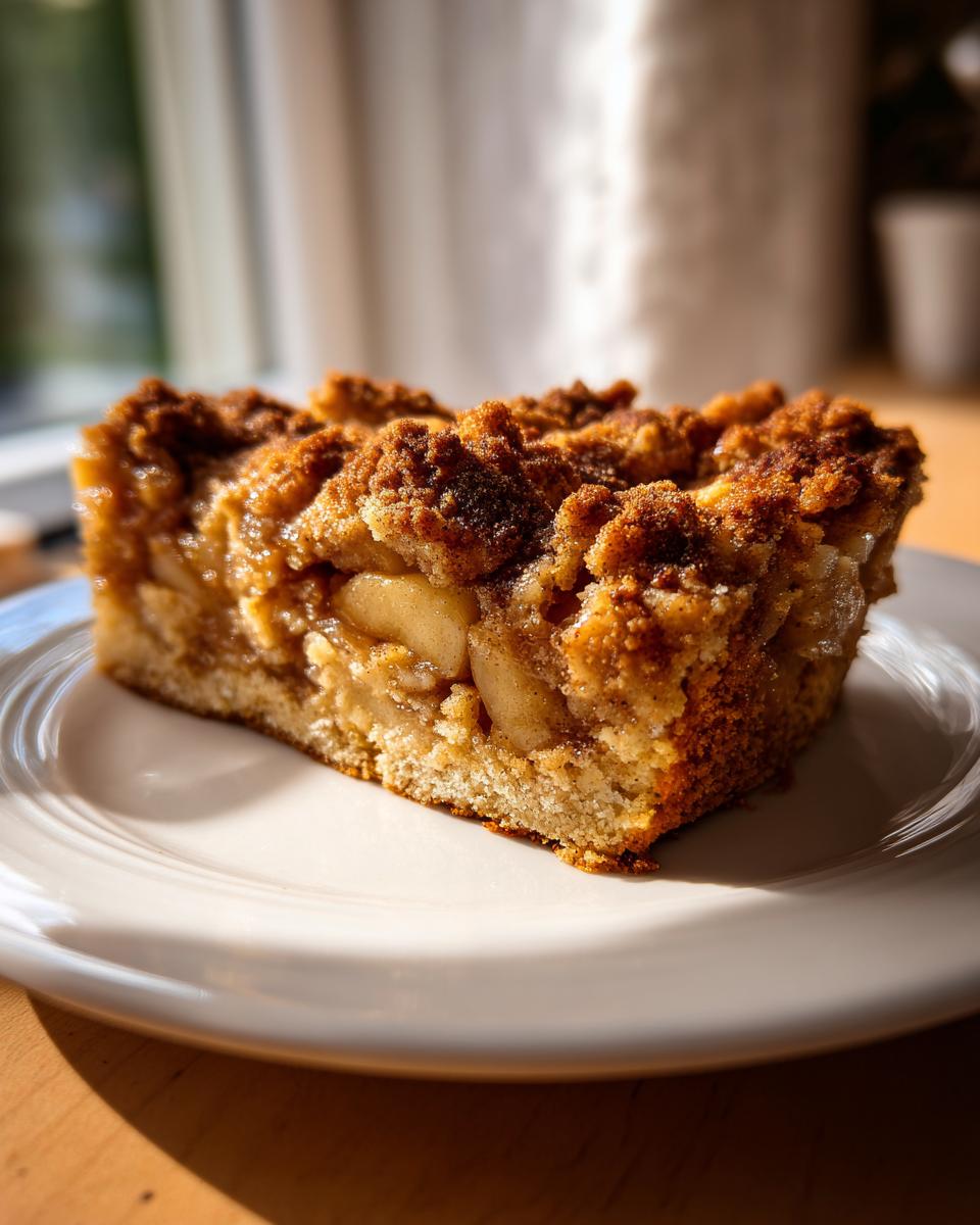 A close-up, sunlit slice of moist apple crumb cake featuring tender apple filling and a thick, crunchy cinnamon streusel topping.