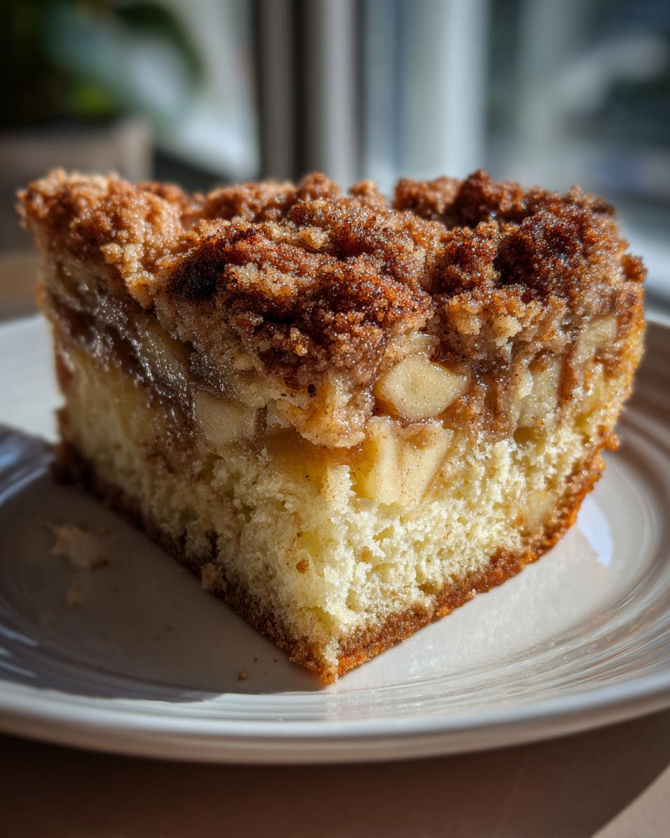 Close-up of a moist slice of apple crumb cake showing layers of tender cake, spiced apples, and a thick cinnamon streusel topping.