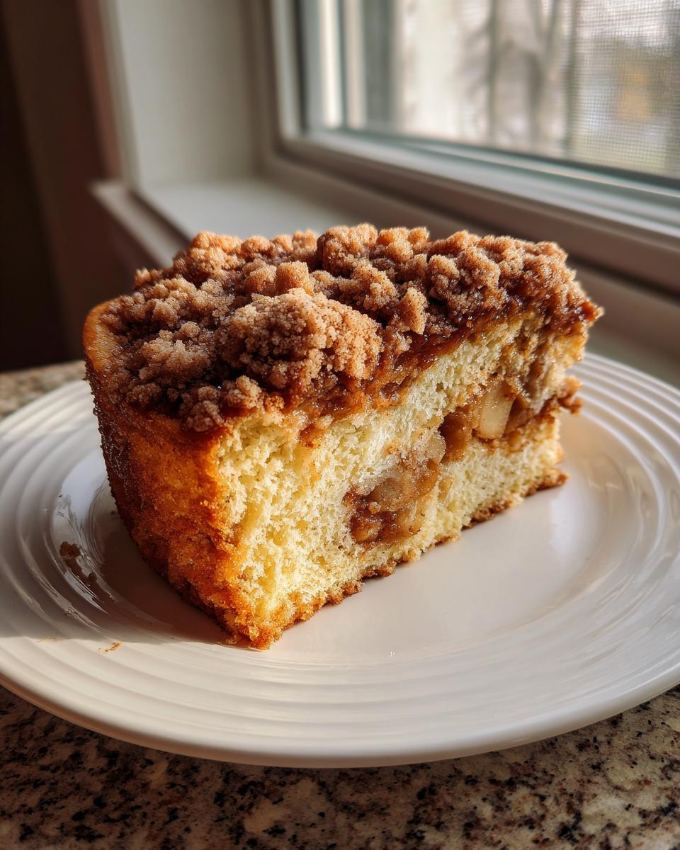 A close-up slice of moist apple crumb cake showing a thick layer of cinnamon streusel topping and tender cake interior.
