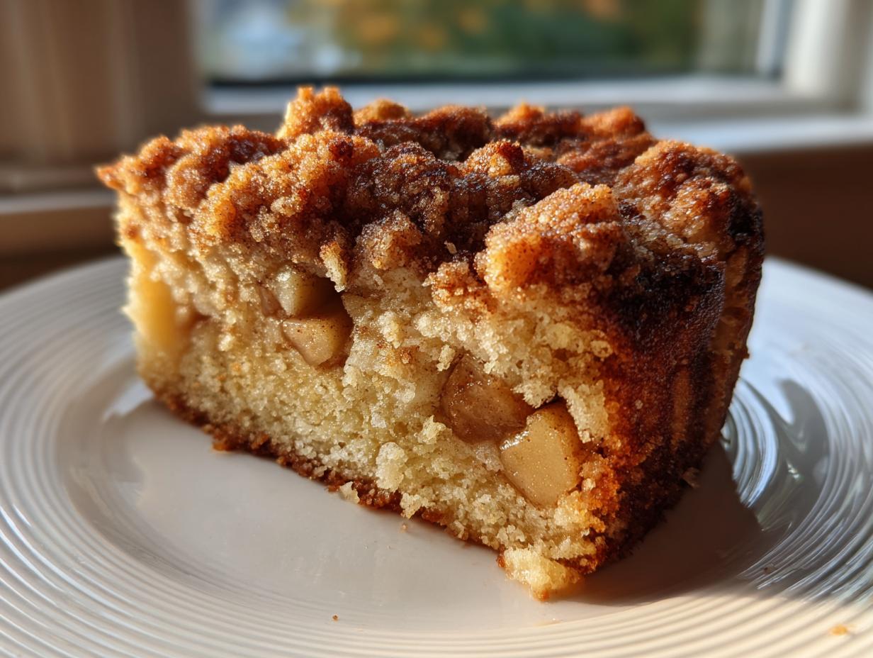 Close-up of a moist slice of apple crumb cake showing tender cake, chunks of apple, and a thick, sugary cinnamon crumb topping.