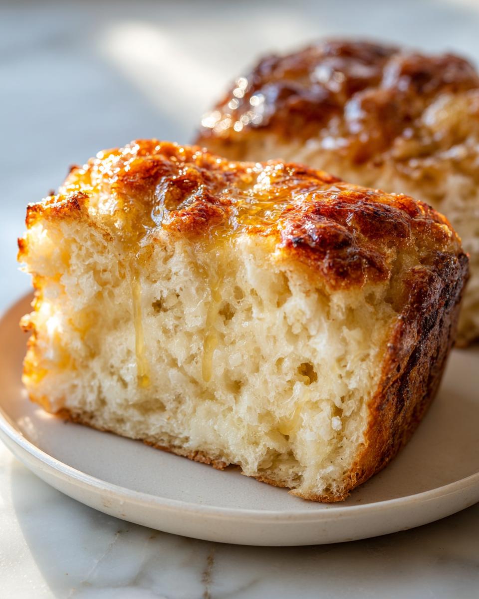 Close-up of a soft, light-colored slice of beer bread drizzled with golden honey.