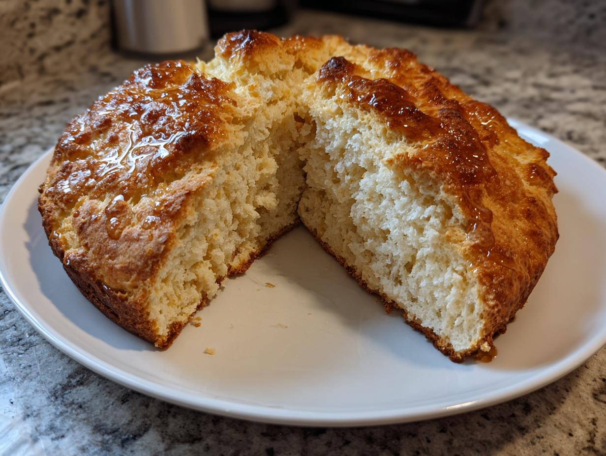 A round loaf of homemade beer bread, cut in half to show the fluffy interior and drizzled with a shiny honey glaze.