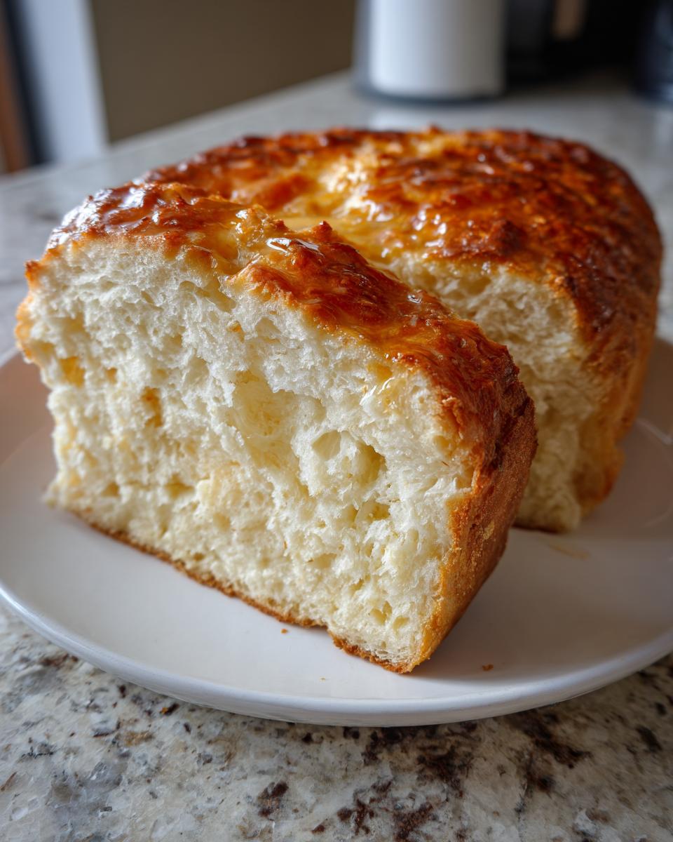 A thick slice cut from a loaf of moist beer bread showing a fluffy interior and a shiny, golden-brown, glazed top.