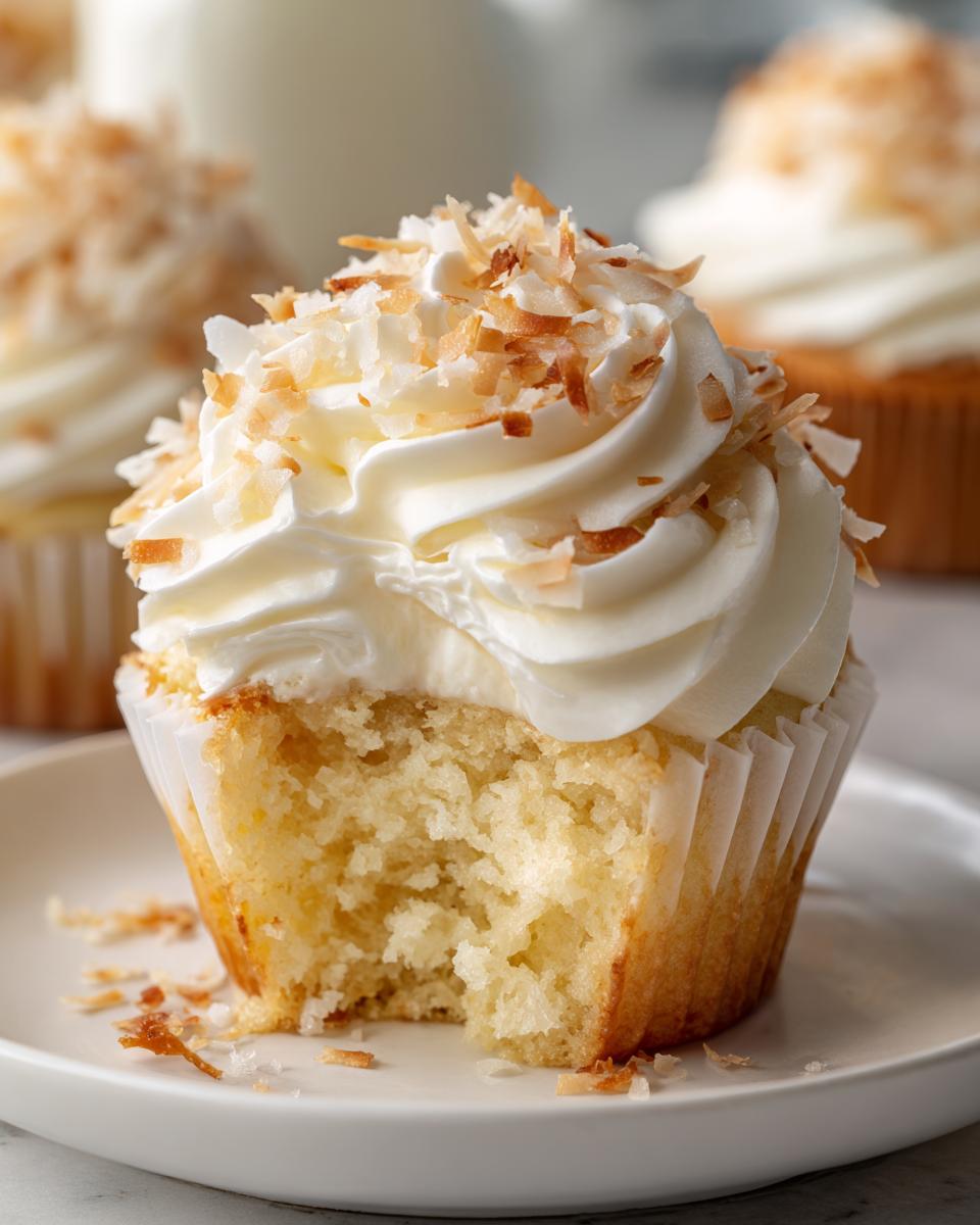 Close-up of a moist coconut cupcake with a bite taken out, topped with white frosting and toasted coconut flakes.