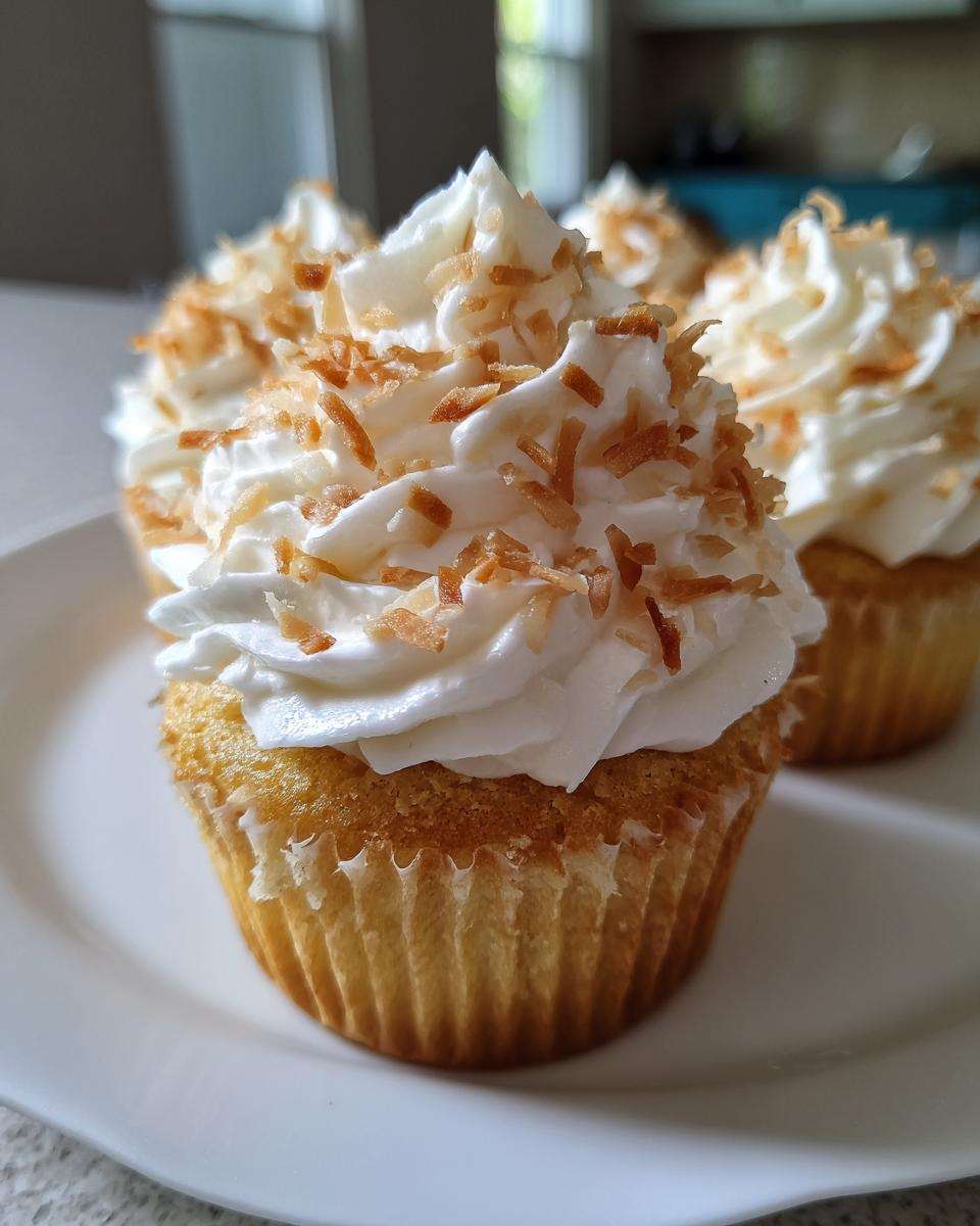 Close-up of a moist coconut cupcake topped with white whipped frosting and toasted coconut flakes.