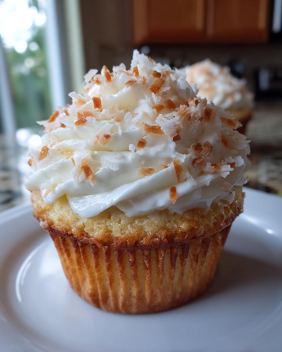 Close-up of a moist coconut cupcake topped with white frosting and toasted coconut flakes.