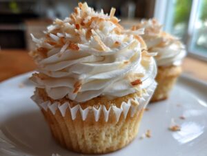 Close-up of a moist coconut cupcake topped with swirled white frosting and toasted coconut flakes.