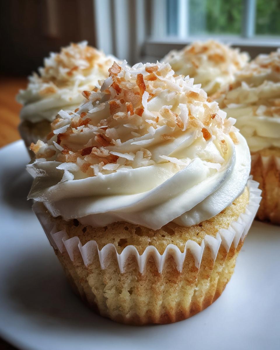 Close-up of a moist coconut cupcake topped with white frosting and toasted coconut flakes.